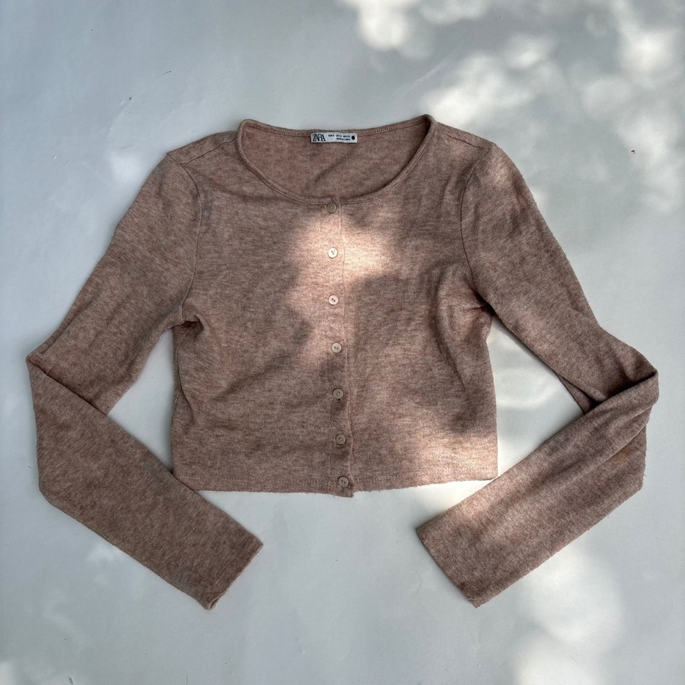 Zara Womens Medium Pink Heathered Cropped Knit Button Front Cardigan Sweater